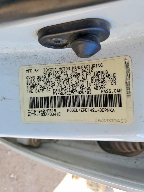 Продажа на аукционе авто 2012 Toyota Corolla, vin: 5YFBU4EE5CP026483, номер лота: 46433656