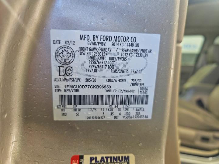 2012 Ford Escape მანქანა იყიდება აუქციონზე, vin: 1FMCU0D77CKB96550, აუქციონის ნომერი: 47078516