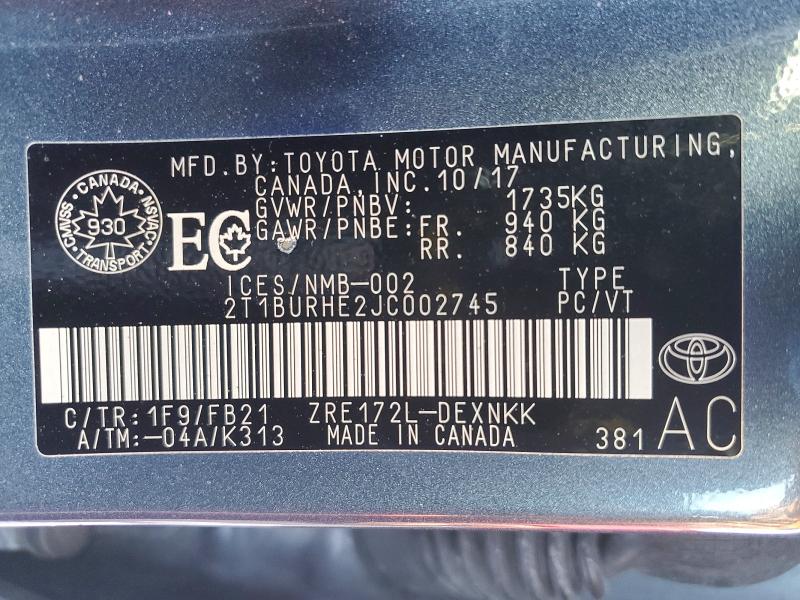 Продажа на аукционе авто 2018 Toyota Corolla, vin: 2T1BURHE2JC002745, номер лота: 78445555