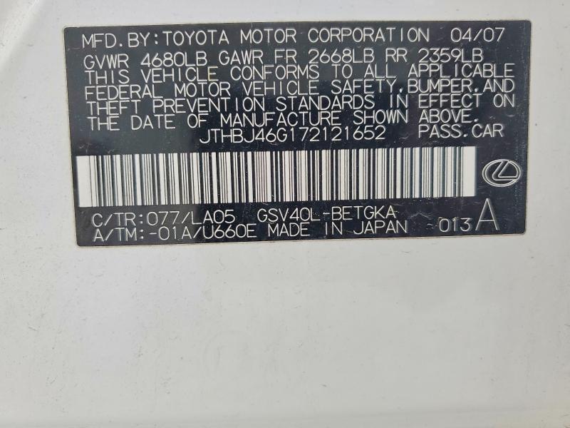 Aukcja sprzedaży 2007 Lexus Es 350, vin: JTHBJ46G172121652, numer aukcji: 42021746
