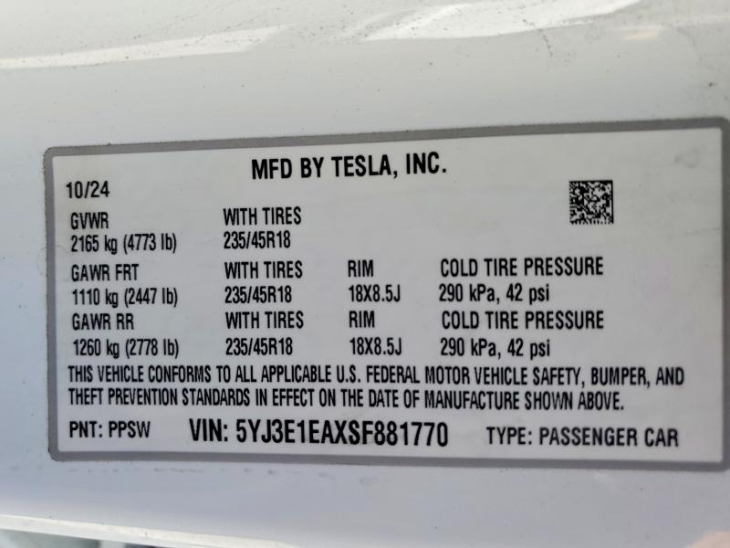 Aukcja sprzedaży 2025 Tesla Model 3, vin: 5YJ3E1EAXSF881770, numer aukcji: 46764206