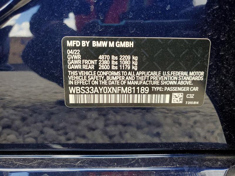 2022 Bmw M3 მანქანა იყიდება აუქციონზე, vin: WBS33AY0XNFM81189, აუქციონის ნომერი: 79813695