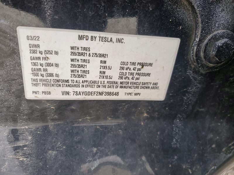 45819046 :رقم المزاد ، 7SAYGDEF2NF398648 vin ، 2022 Tesla Model Y مزاد بيع