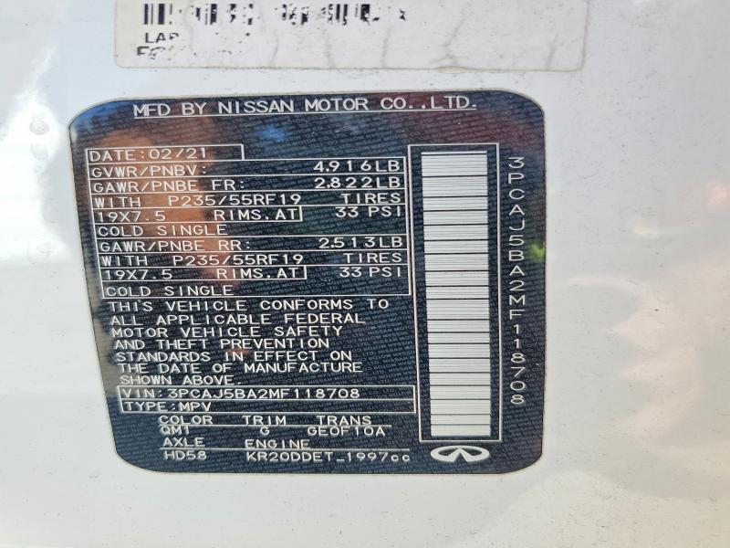 47302526 :رقم المزاد ، 3PCAJ5BA2MF118708 vin ، 2021 Infiniti Qx50 مزاد بيع