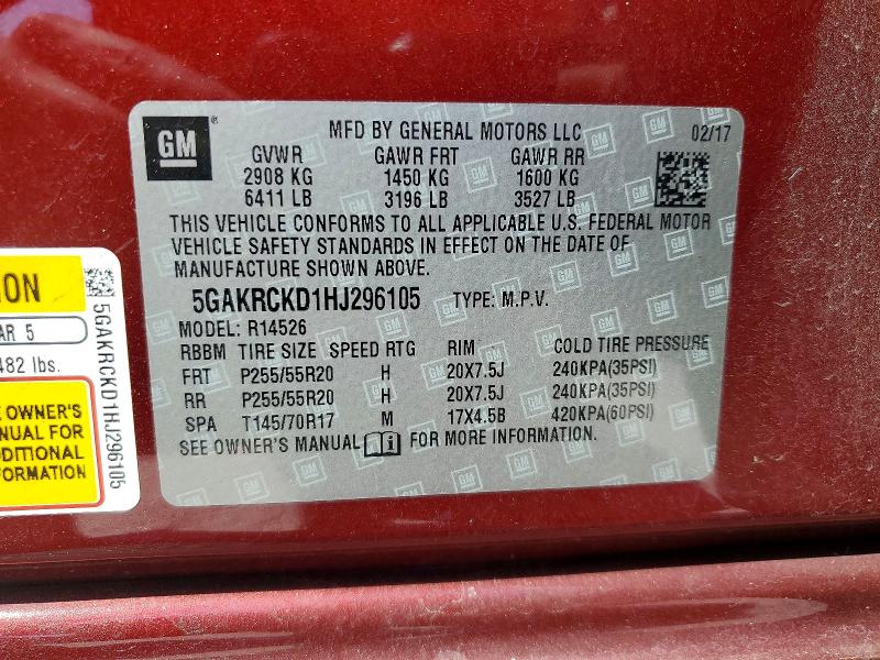 46701086 :رقم المزاد ، 5GAKRCKD1HJ296105 vin ، 2017 Buick Enclave مزاد بيع