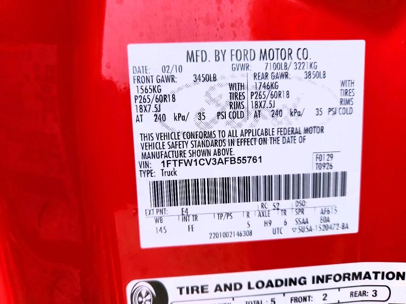 Продаж на аукціоні авто 2010 Ford F150, vin: 1FTFW1CV3AFB55761, номер лоту: 41641686