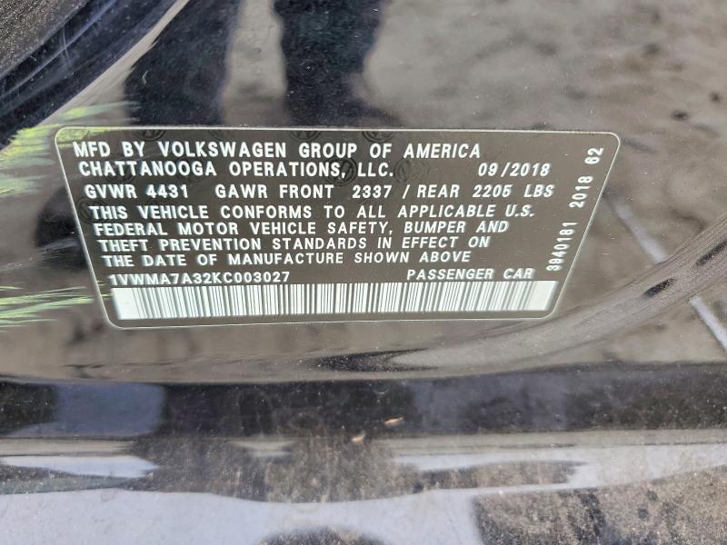 2019 Volkswagen Passat მანქანა იყიდება აუქციონზე, vin: 1VWMA7A32KC003027, აუქციონის ნომერი: 45810616