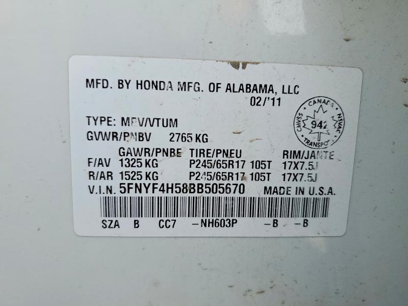 47698476 :رقم المزاد ، 5FNYF4H58BB505670 vin ، 2011 Honda Pilot مزاد بيع