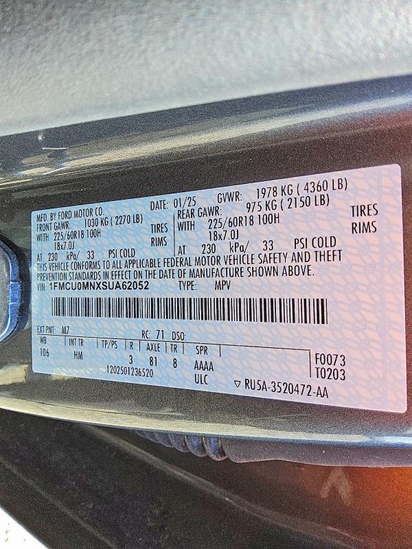 2025 Ford Escape მანქანა იყიდება აუქციონზე, vin: 1FMCU0MNXSUA62052, აუქციონის ნომერი: 46438536