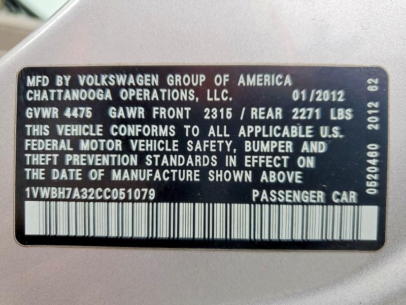 2012 Volkswagen Passat მანქანა იყიდება აუქციონზე, vin: 1VWBH7A32CC051079, აუქციონის ნომერი: 46394986