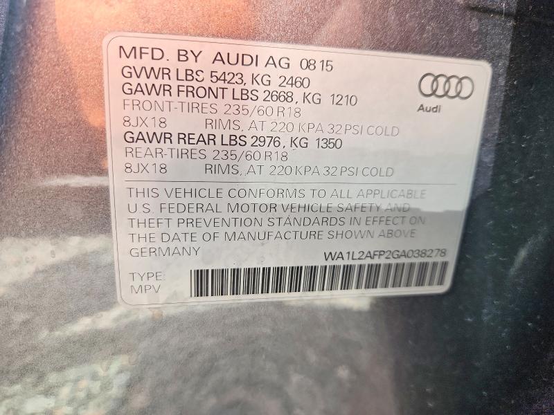 Aukcja sprzedaży 2016 Audi Q5, vin: WA1L2AFP2GA038278, numer aukcji: 46871496