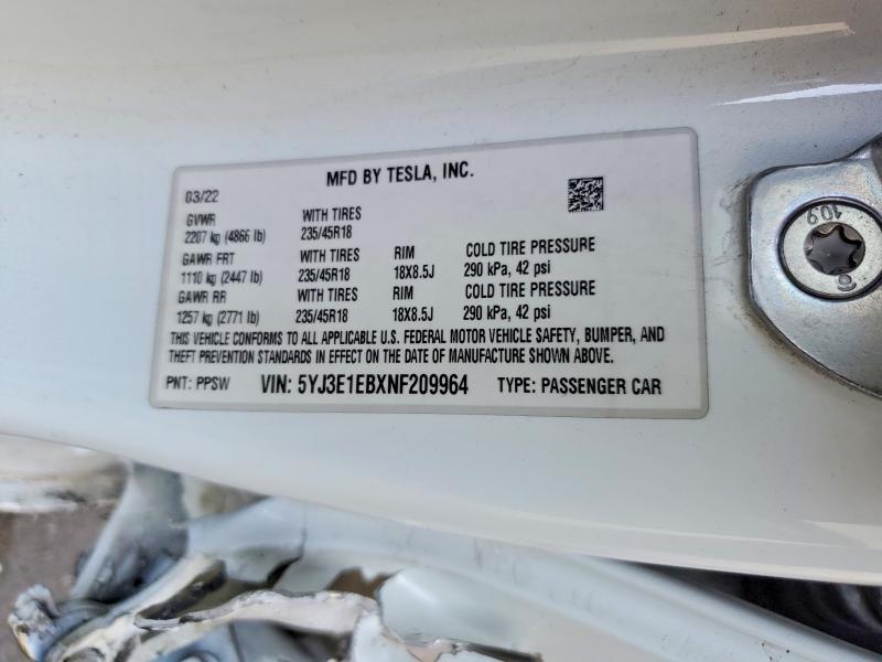 Aukcja sprzedaży 2022 Tesla Model 3, vin: 5YJ3E1EBXNF209964, numer aukcji: 47605056