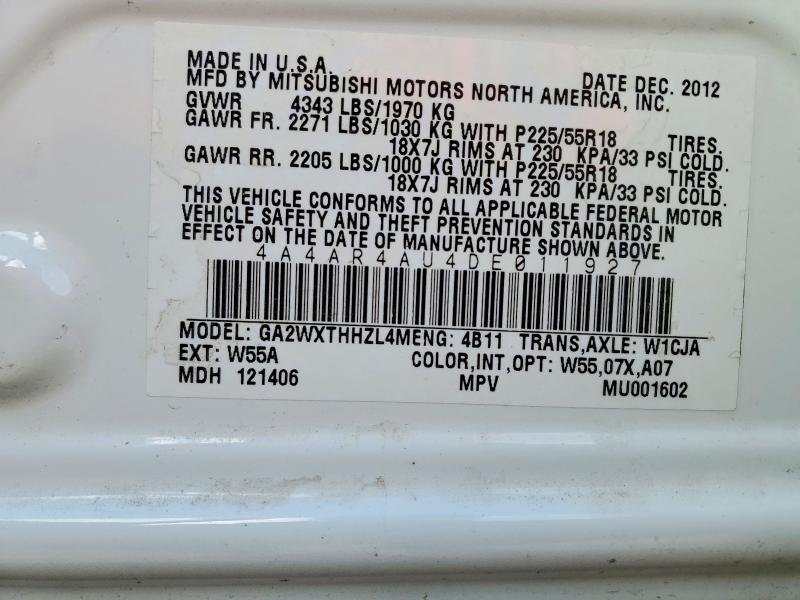 2013 Mitsubishi Outlander Sport მანქანა იყიდება აუქციონზე, vin: 4A4AR4AU4DE011927, აუქციონის ნომერი: 45754006