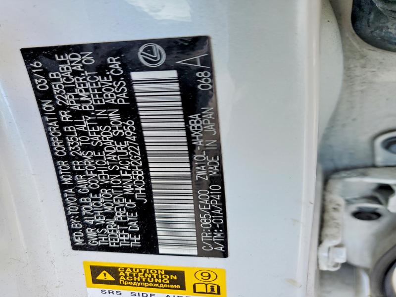 2016 Lexus Ct მანქანა იყიდება აუქციონზე, vin: JTHKD5BH2G2274956, აუქციონის ნომერი: 77604545