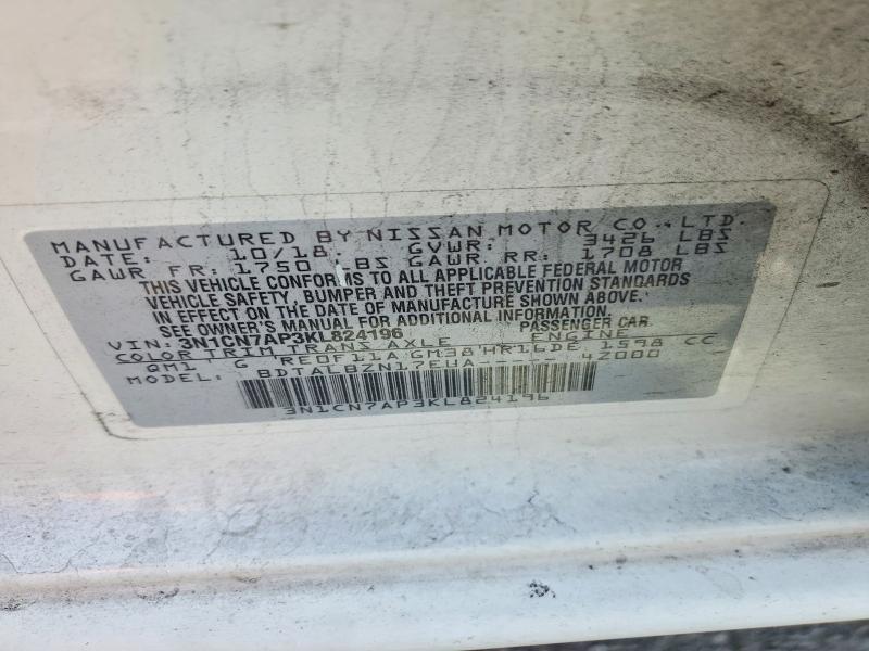 2019 Nissan Versa მანქანა იყიდება აუქციონზე, vin: 3N1CN7AP3KL824196, აუქციონის ნომერი: 41728746