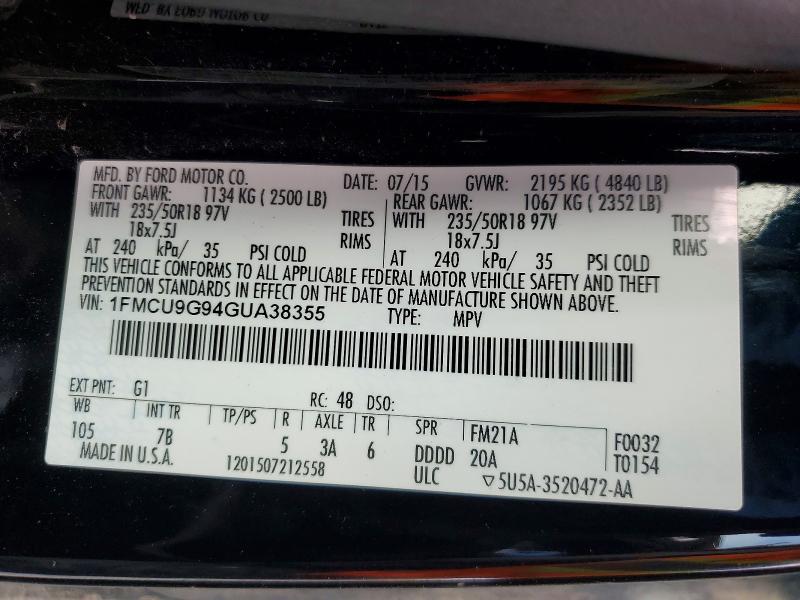 Продаж на аукціоні авто 2016 Ford Escape, vin: 1FMCU9G94GUA38355, номер лоту: 47133186