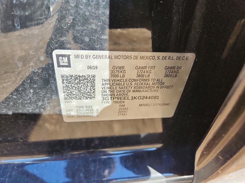 2019 Gmc Sierra მანქანა იყიდება აუქციონზე, vin: 3GTP9EEL1KG244081, აუქციონის ნომერი: 46759156