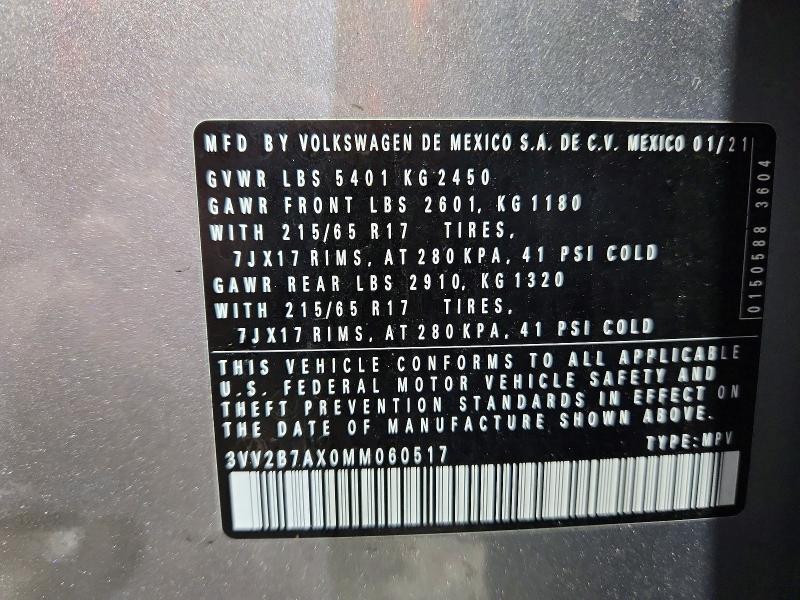 47221276 :رقم المزاد ، 3VV2B7AX0MM060517 vin ، 2021 Volkswagen Tiguan مزاد بيع