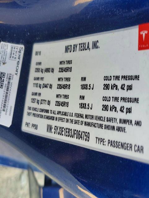Продажа на аукционе авто 2018 Tesla Model 3, vin: 5YJ3E1EB3JF064759, номер лота: 47537046