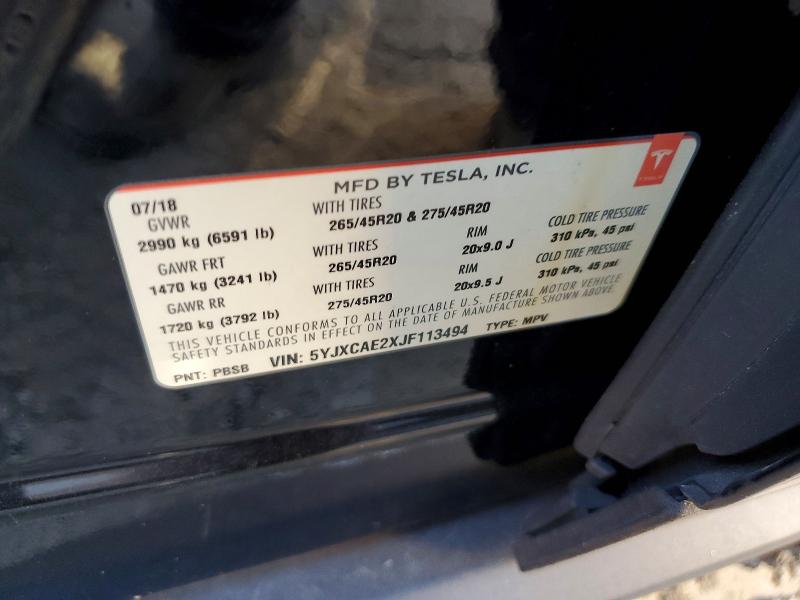 75692515 :رقم المزاد ، 5YJXCAE2XJF113494 vin ، 2018 Tesla Model X مزاد بيع