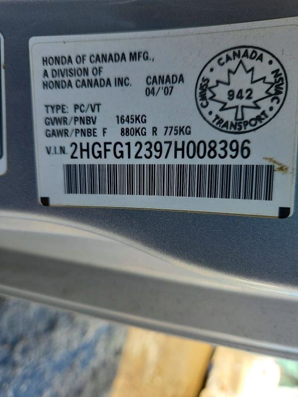 Aukcja sprzedaży 2007 Honda Civic, vin: 2HGFG12397H008396, numer aukcji: 46545336