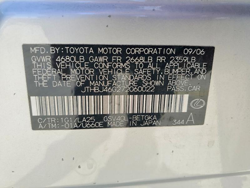 Продаж на аукціоні авто 2007 Lexus Es 350, vin: JTHBJ46G272060022, номер лоту: 46683006