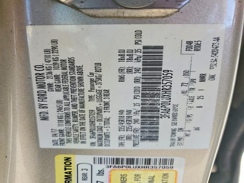47728666 :رقم المزاد ، 3FA6P0LUXHR357059 vin ، 2017 Ford Fusion مزاد بيع