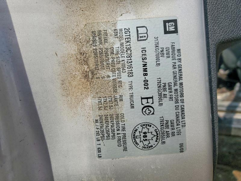 2008 Gmc Sierra მანქანა იყიდება აუქციონზე, vin: 2GTEK13C781316183, აუქციონის ნომერი: 79625385