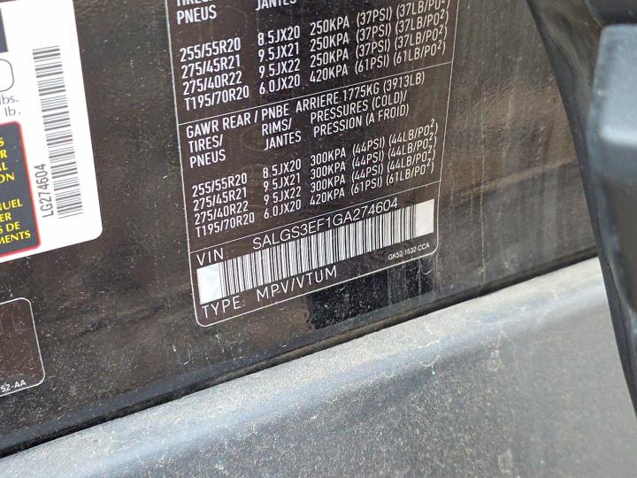 Продаж на аукціоні авто 2016 Land Rover Range Rover, vin: SALGS3EF1GA274604, номер лоту: 45860386
