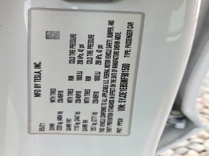 Продажа на аукционе авто 2021 Tesla Model 3, vin: 5YJ3E1EB5MF981500, номер лота: 45834096
