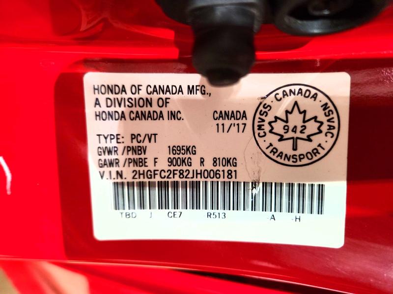 47632256 :رقم المزاد ، 2HGFC2F82JH006181 vin ، 2018 Honda Civic مزاد بيع