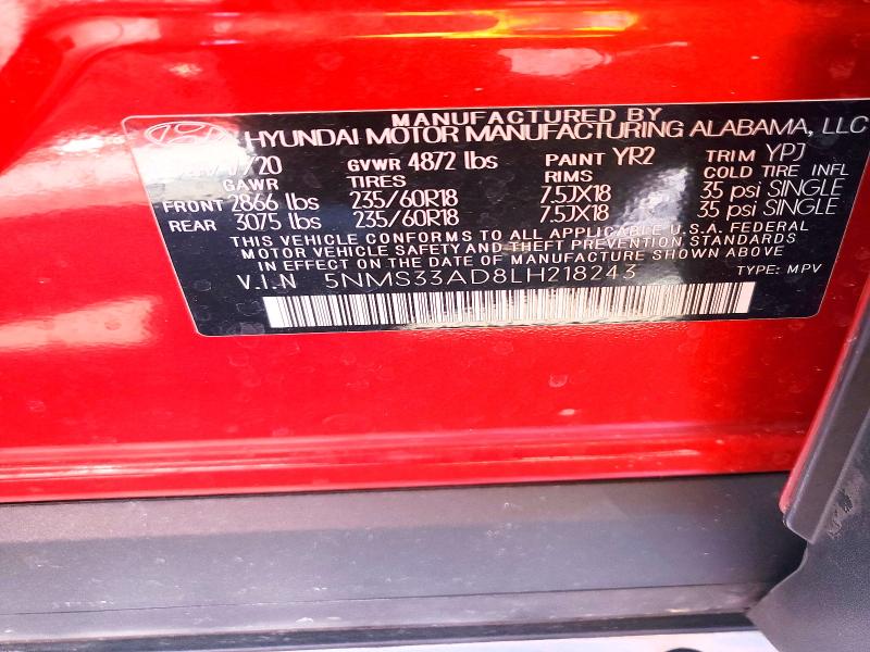 46284226 :رقم المزاد ، 5NMS33AD8LH218243 vin ، 2020 Hyundai Santa Fe مزاد بيع