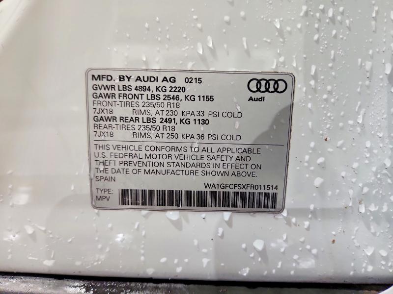 78732755 :رقم المزاد ، WA1GFCFSXFR011514 vin ، 2015 Audi Q3 مزاد بيع