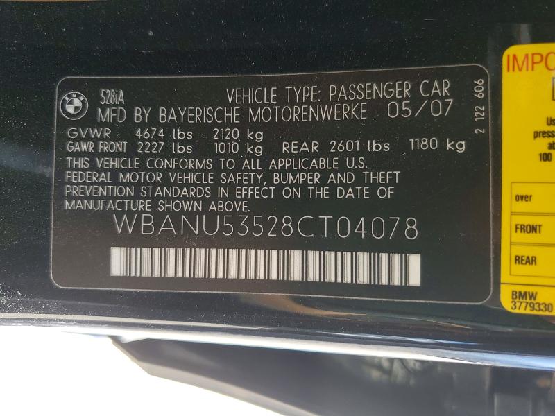 Продажа на аукционе авто 2008 Bmw 528, vin: WBANU53528CT04078, номер лота: 46734046