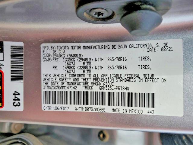41998736 :رقم المزاد ، 3TMAZ5CN5MM147142 vin ، 2021 Toyota Tacoma مزاد بيع