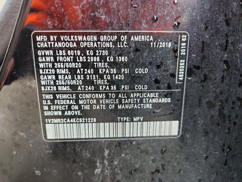 47352176 :رقم المزاد ، 1V2MR2CA4KC521228 vin ، 2019 Volkswagen Atlas مزاد بيع