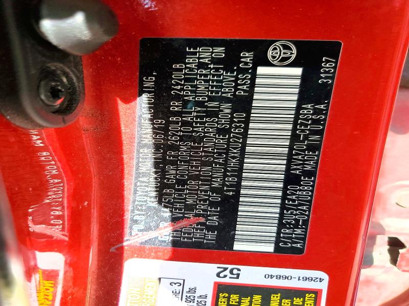 2019 Toyota Camry მანქანა იყიდება აუქციონზე, vin: 4T1B11HKXKU276310, აუქციონის ნომერი: 46038836