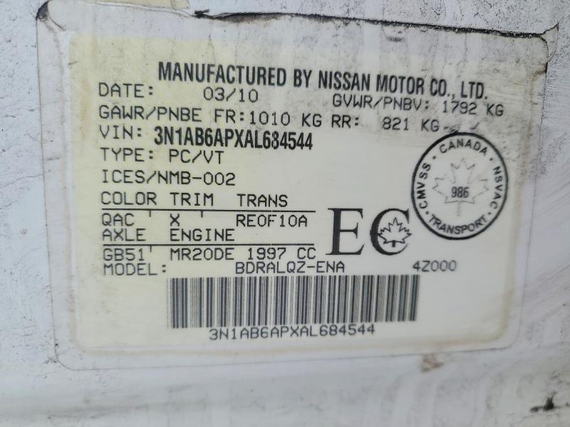 2010 Nissan Sentra მანქანა იყიდება აუქციონზე, vin: 3N1AB6APXAL684544, აუქციონის ნომერი: 46534566