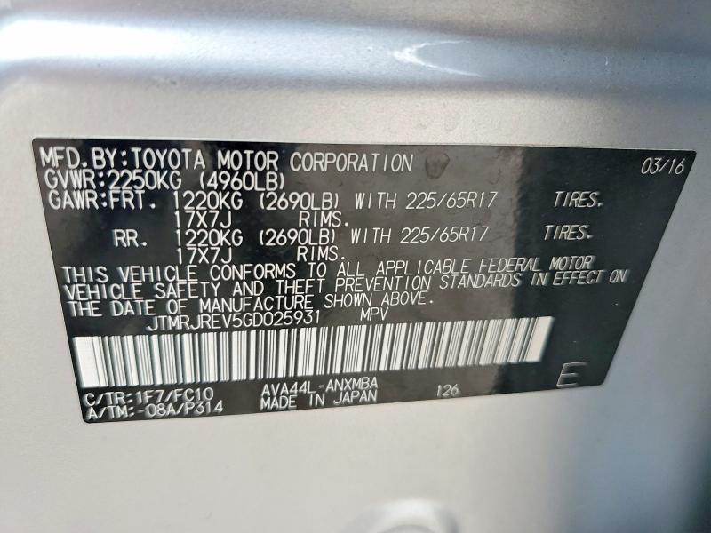 Aukcja sprzedaży 2016 Toyota Rav4 Hybrid, vin: JTMRJREV5GD025931, numer aukcji: 41636816