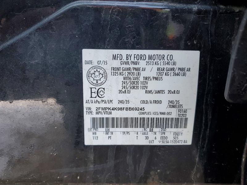 46169286 :رقم المزاد ، 2FMPK4K98FBB69245 vin ، 2015 Ford Edge مزاد بيع