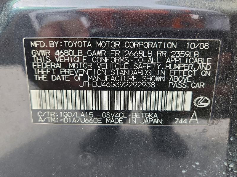 41612506 :رقم المزاد ، JTHBJ46G392292938 vin ، 2009 Lexus Es 350 مزاد بيع