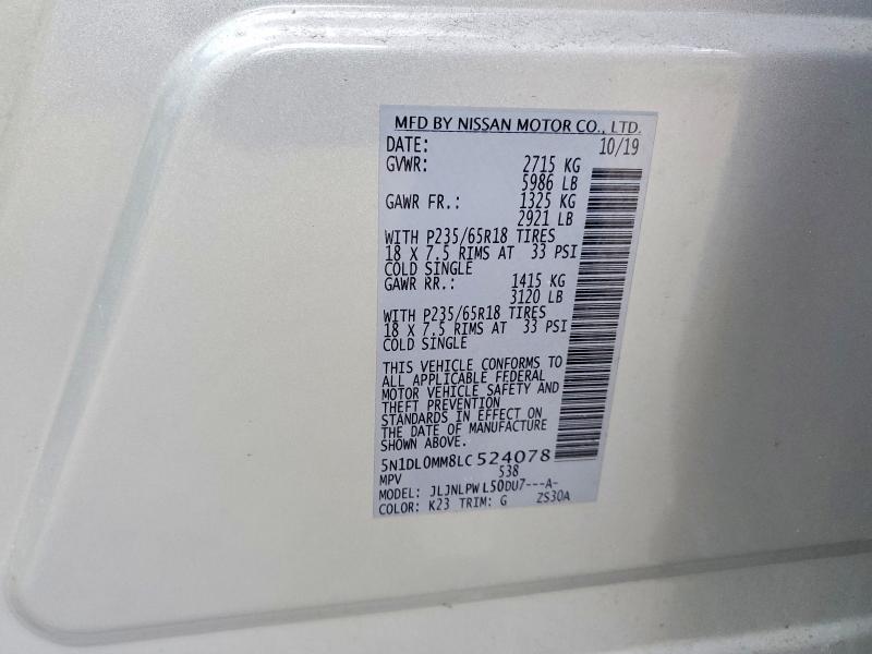 45738436 :رقم المزاد ، 5N1DL0MM8LC524078 vin ، 2020 Infiniti Qx60 مزاد بيع