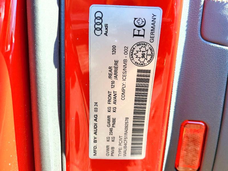 46136996 :رقم المزاد ، WAUB4CF51RA092578 vin ، 2024 Audi S5 مزاد بيع