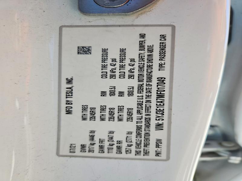 Auction sale of the 2021 Tesla Model 3, vin: 5YJ3E1EA7MF017049, lot number: 46014806