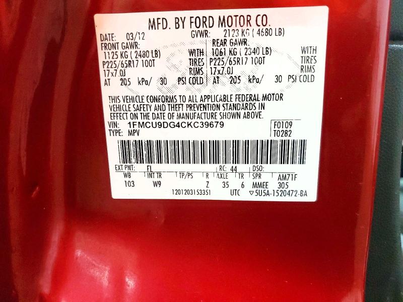 2012 Ford Escape მანქანა იყიდება აუქციონზე, vin: 1FMCU9DG4CKC39679, აუქციონის ნომერი: 45605546