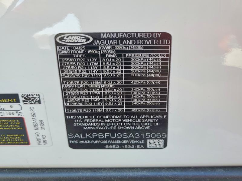 2025 Land Rover Range Rover მანქანა იყიდება აუქციონზე, vin: SALKPBFU9SA315069, აუქციონის ნომერი: 46744636
