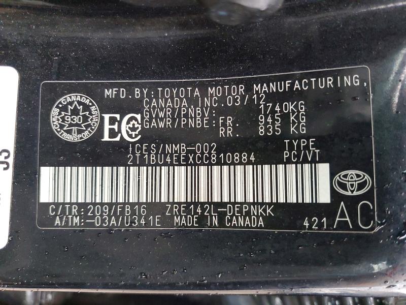 Продажа на аукционе авто 2012 Toyota Corolla, vin: 2T1BU4EEXCC810884, номер лота: 42004566