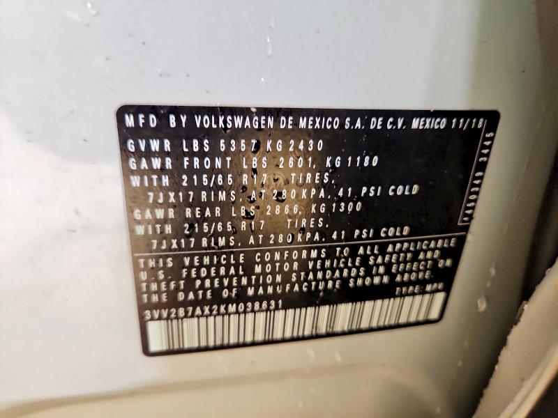 2019 Volkswagen Tiguan მანქანა იყიდება აუქციონზე, vin: 3VV2B7AX2KM038631, აუქციონის ნომერი: 41934196