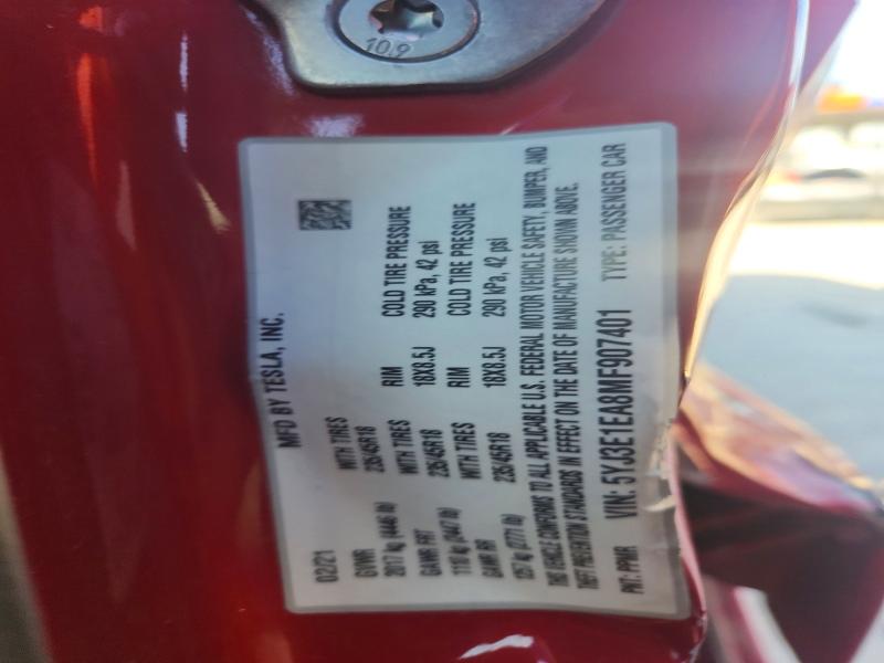 46090966 :رقم المزاد ، 5YJ3E1EA8MF907401 vin ، 2021 Tesla Model 3 مزاد بيع