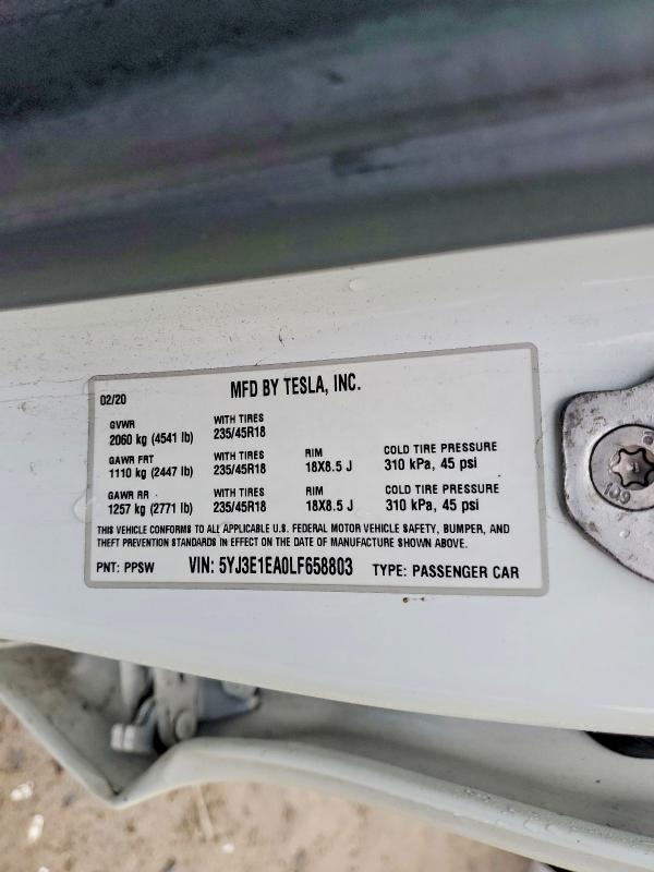 2020 Tesla Model 3 მანქანა იყიდება აუქციონზე, vin: 5YJ3E1EA0LF658803, აუქციონის ნომერი: 46022656